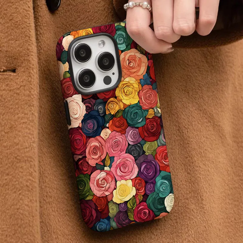 Colorful Flower Shockproof Bumper Phone Case with 2-in-1 Film Shell Design