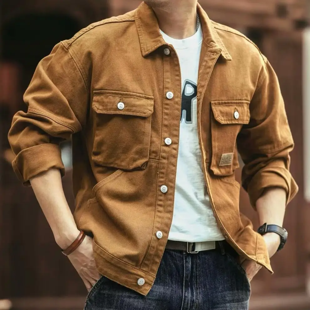 Denim Cargo Jacket - Plus Size Men's Oversize Casual Coat With Turn-Down Collar