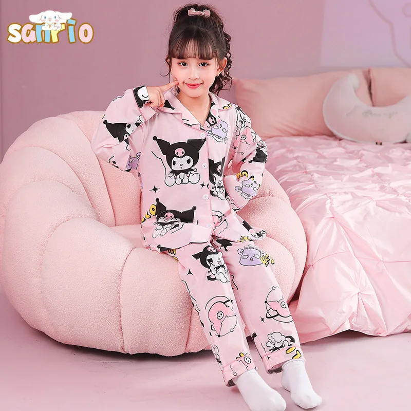 

Новый детский пижамный комплект из аниме Sanrio Kuromi Cinnamoroll, Осенний Повседневный Кардиган для девочек, пижама с длинными рукавами, милая искусственная кожа