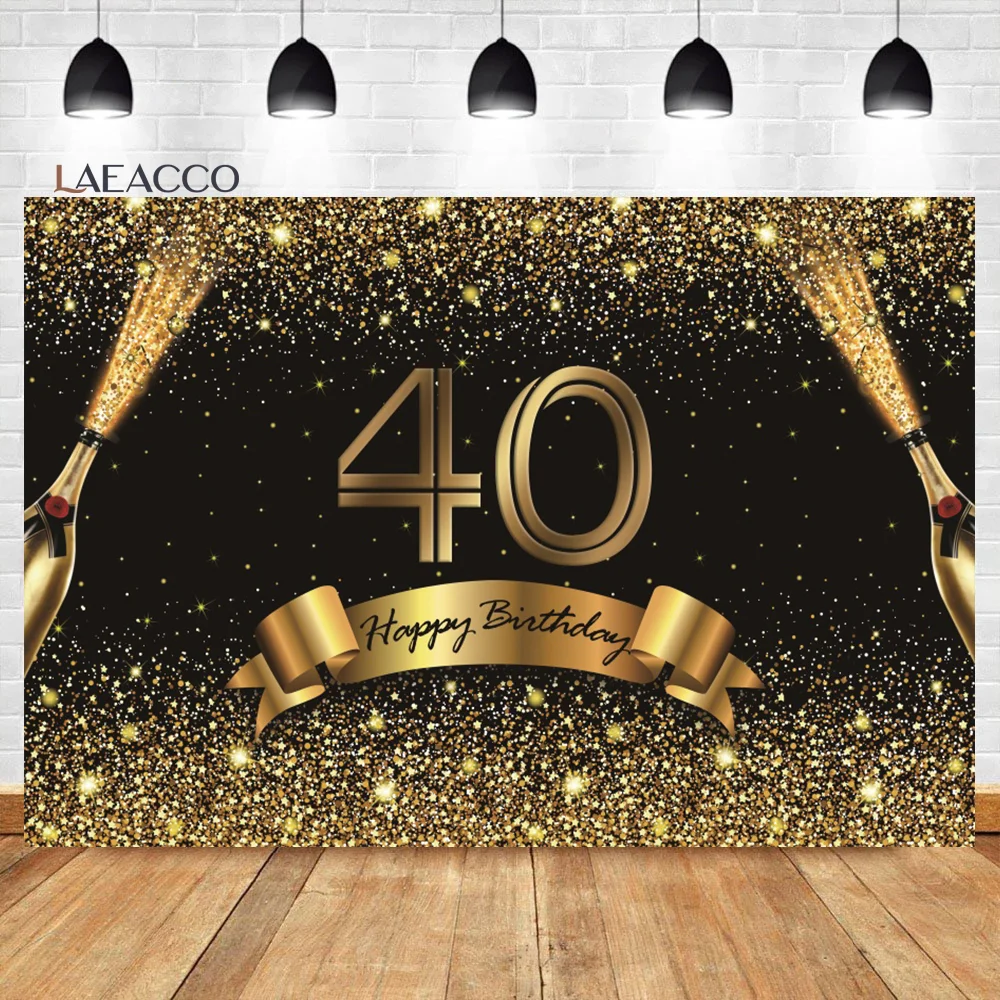

Laeacco Happy 40th Birthday Backdrop Black And Golden Glitter Gold Balloons Women Men Portrait Customized Photography Background