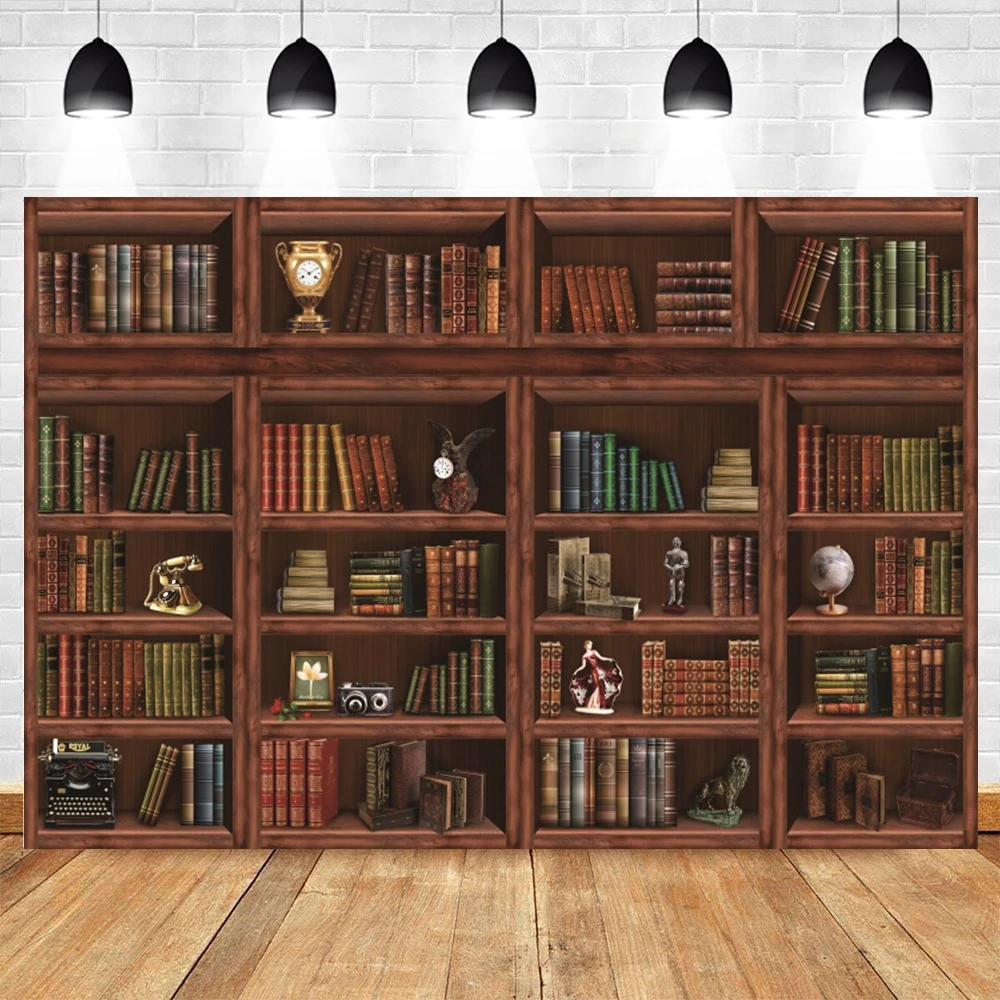 LYWYGG 7x5FT Fotohintergrund Retro Bücherregal – Vinyl, 2,1x1,5 M, Für Studio, Porträt, Party-Deko (Grün)