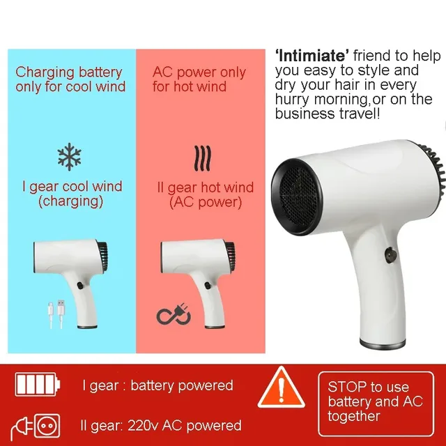 Portable 220v Cord/Cordless Dual Use Hair Blower Hot Cold Even Wind 2 Gears Portable Mini Hair Dryer For Home Travel Art Making