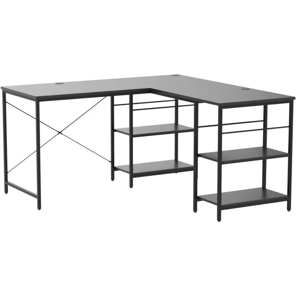 L Shaped Desk with Shelves 86 Inch Reversible for Home Office Gaming Writing Workstation with 3 Cable Holes.Corner Computer Desk 5