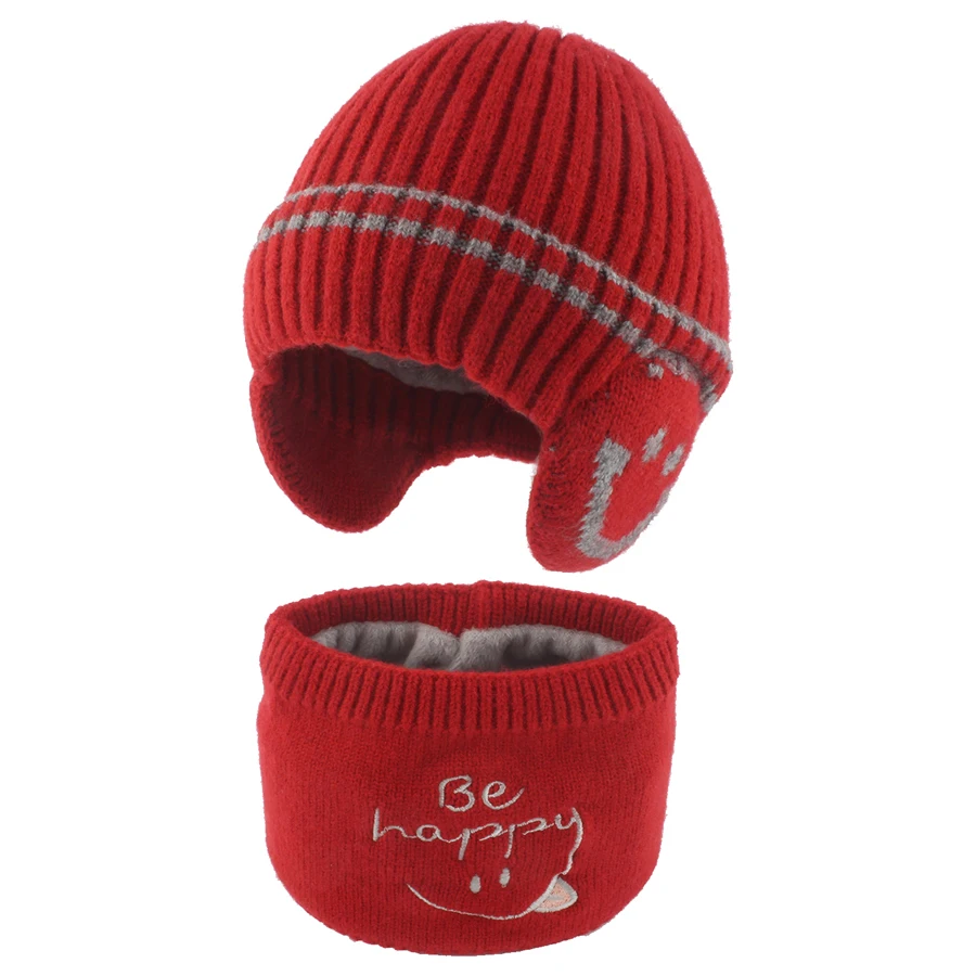 Cartoon Cute Baby Hat Scraf Set Winter Fleece lining Ear Protection Children Cap Outdoor Windproof Warm Knitted Kids Beanie Hats