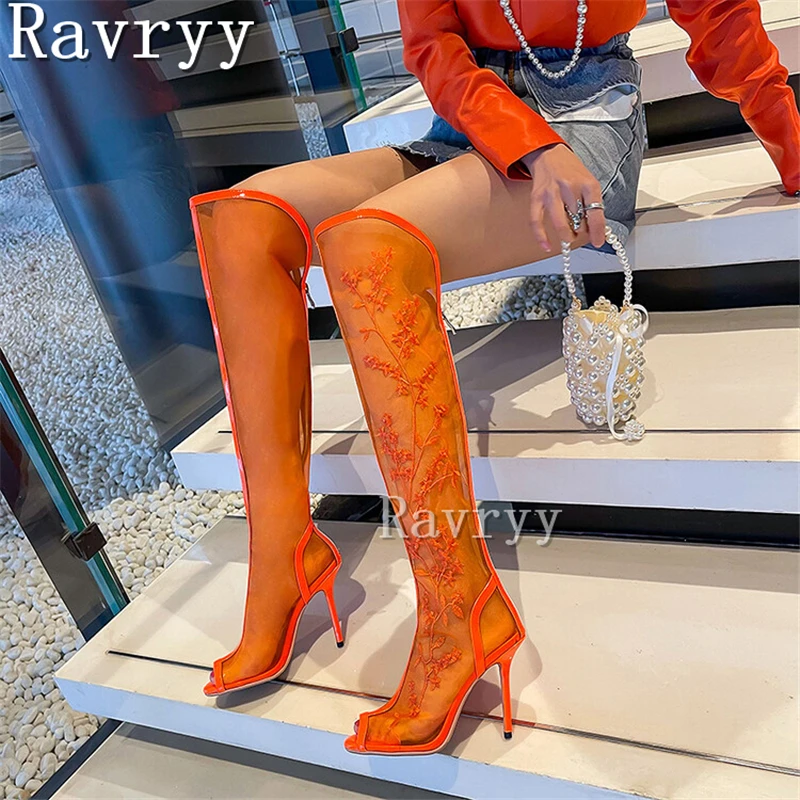 

2023 Summer New Peep Toe Mesh Embroidered Boots Sexy Thin High-Heeled Women's Sandals Fashion Week Slim Long Boots Mujer