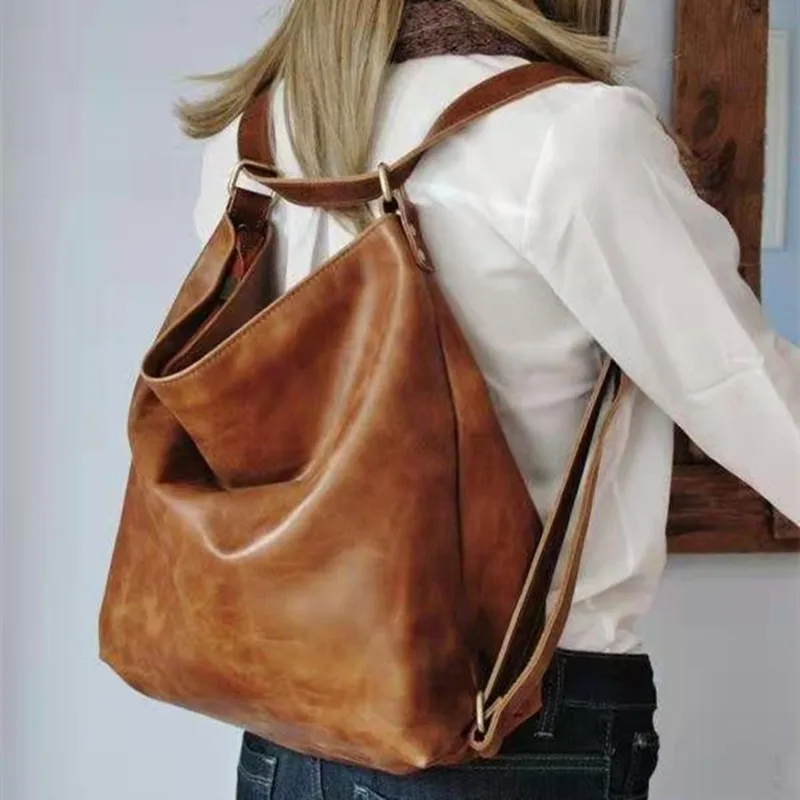 Vintage soft leather women's shoulder bag multifunction backpack large capacity female handbag fashion crossbody bag