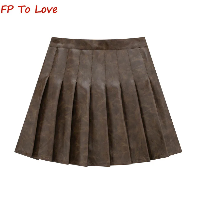 

Y2K Spice Girls Vintage High Waist Slim A-line PU Leather Pleated Skirt Women Anti-Walking Mini Halter Streetwear
