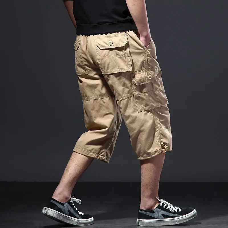 Open Crotch Outdoor Sex Summer Baggy Plus Size Men's Cargo Shorts Casual Elastic Capri Pants Below Knee Long Short with Pockets