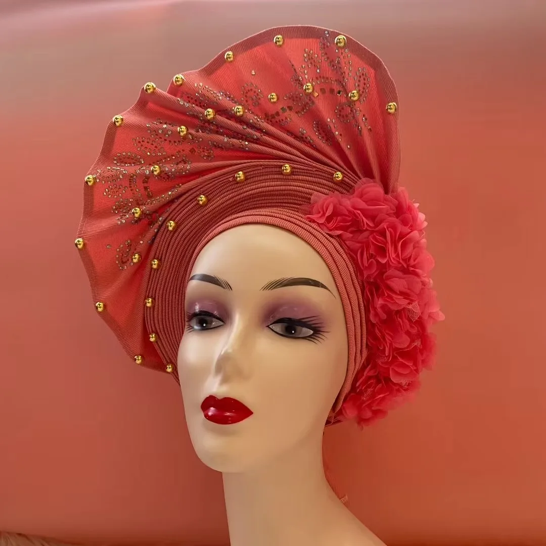 

Beautiful 3D Flower Nigerian Gele Headtie Aso Oke Gele Already Made Auto Gele Aso African Turban Cap With Beads For Party 1Piece