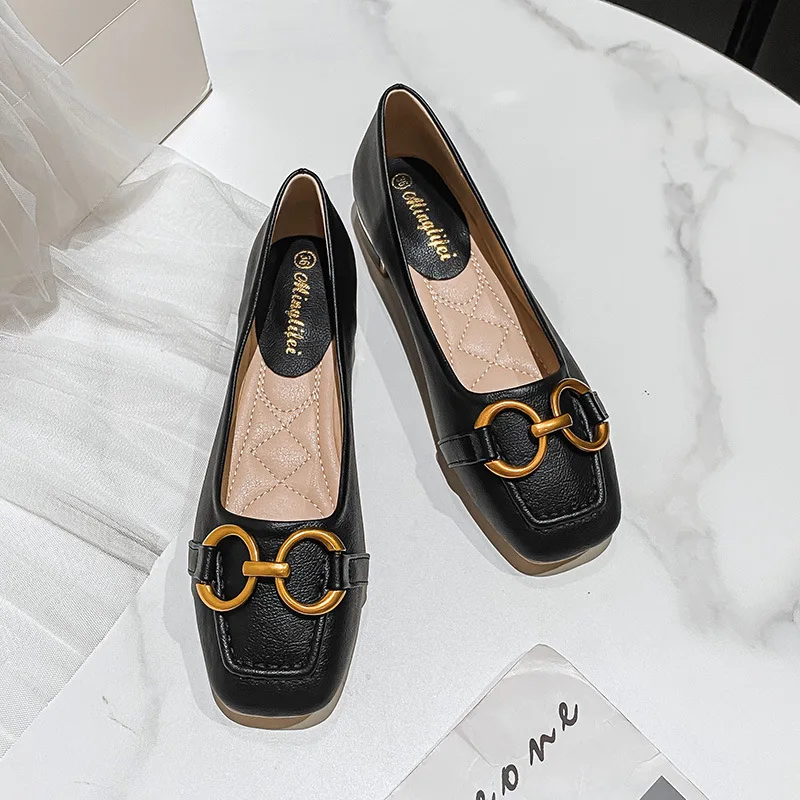 Plus Size 35-43 Women Low Heel Pumps Shoes Metal Buckle Decoration Flats Office Lady Slip on Leaher Loafers Spring Fashion M6-6