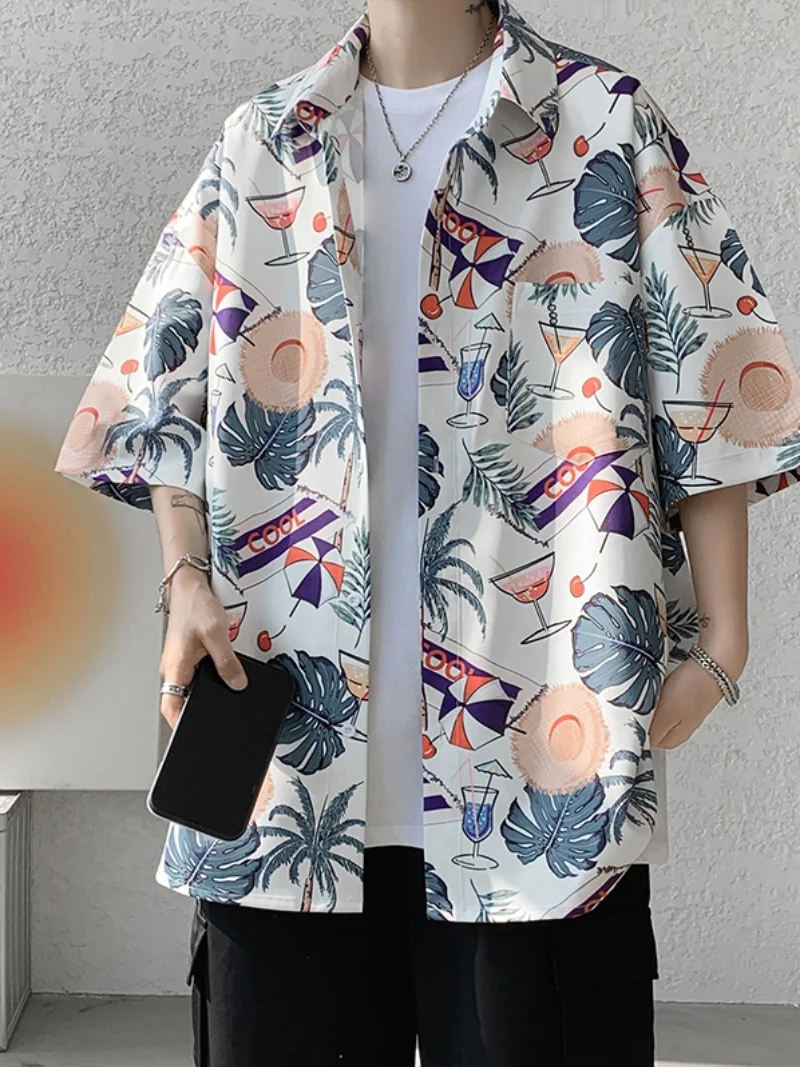 

Ice Silk Short Sleeve Flower Shirt Men's Summer Fashion Brand Raspy Handsome Fat Man Large Loose Relaxed Hawaiian Beach Shirt