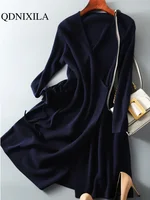 Robe pull à col en v pour femme, vêtement enveloppant, Version coréenne, jupe tricotée ample et élégante, automne et hiver 5