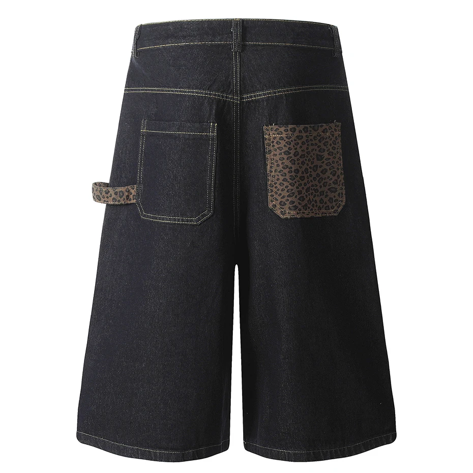 Leopard Patchwork Denim Shorts Summer Loose Casual Blue Jeans Shorts Streetwear Harajuku Hip Hop