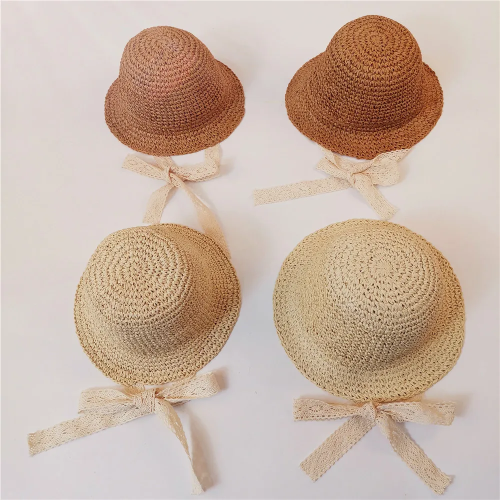 2021 Korean Hat Summer Handwoven Children's Fisherman Straw Hat Cute Baby Lace Bow Shade Hat