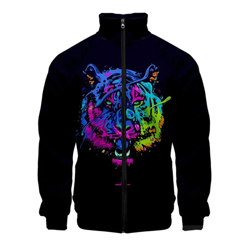 Chaquetas con estampado de tigre en 3D para hombre, chaqueta informal de manga larga a la moda, ropa de calle transpirable, abrigos holgados y cómodos con cremallera