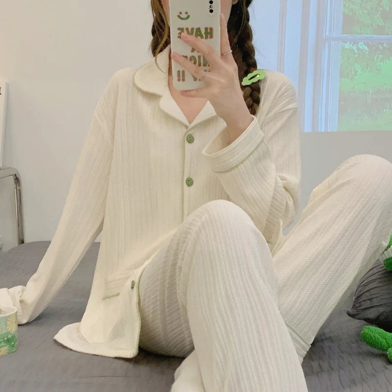 Women 2 Pieces Pajamas Sets 100% Cotton Pijama Female Pyjama Sleepwear Long Sleeve Shirt Pants Suit Homewear Loungewear