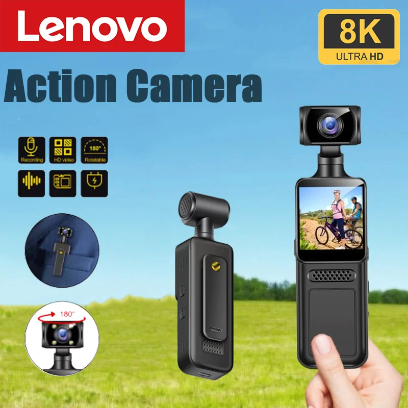 Caméra de poche 8K HD Lenovo 2026New 180 °   Mini caméra portable rotative, caméra de vision nocturne portable, caméra de sport d'extérieur