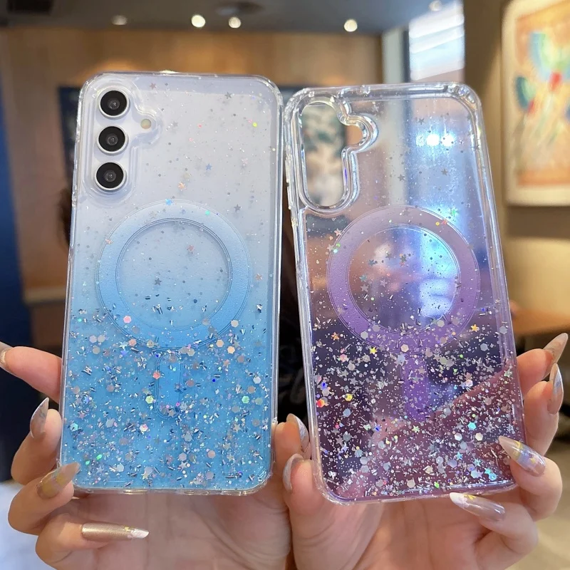 Glitter Star Transparent Magnetic Case with Magsafe Wireless Charging Compatible Soft Cover