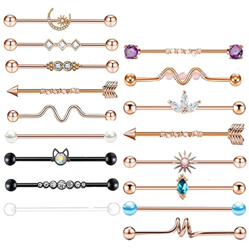 1PCS Stainless Steel Cat Industrial Piercing Barbell 14G Crystal