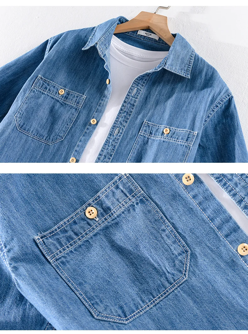 Summer Short Sleeve Denim Shirt Men Casual Slim Jean Shirts Pure Cotton Double Pockets Cowboy Shirt