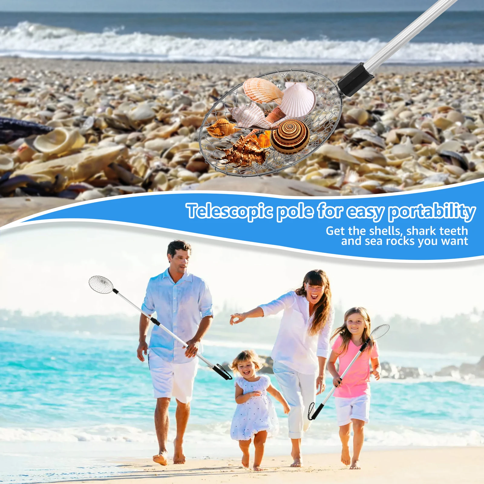 2Pcs Beach Sand Sifter Telescopic Shell Scooper Sifter Stainless Steel Shark Teeth Tool Lightweight Sand Scoop Shovel