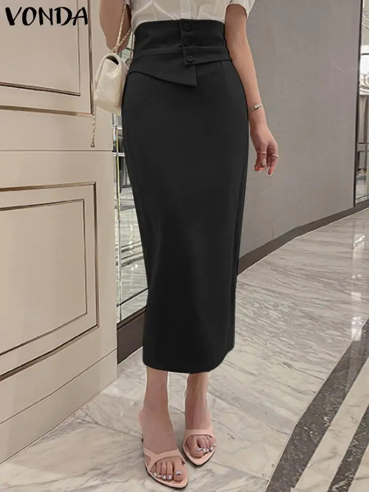 

VONDA Elegant Long Skirts 2023 Women Summer Casual Fashion Office Skirts Sexy High Waist Female Button Solid Color Bottoms Robe