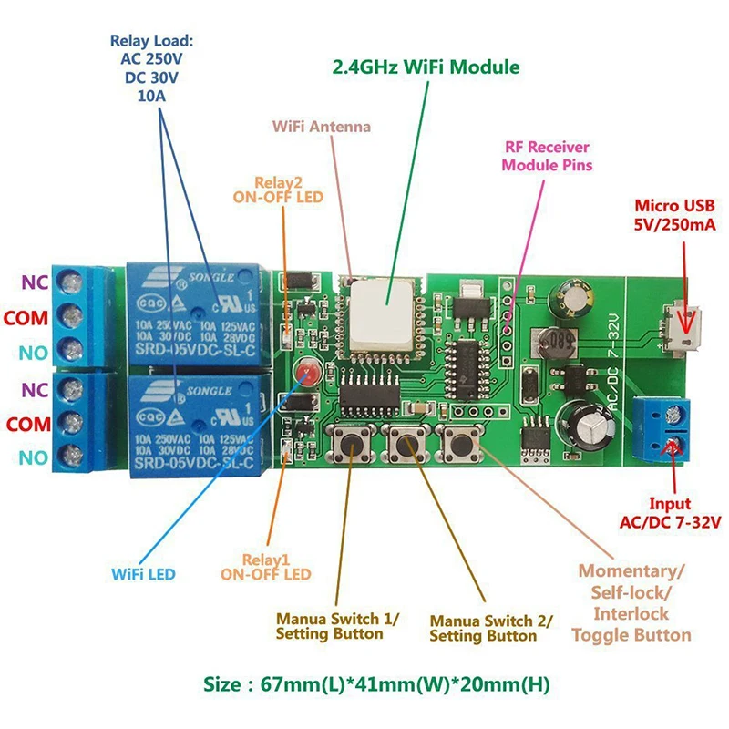Фото Wi-Fi релейный модуль Ewelink постоянного тока 7-32 В, 2-канальный USB 5 В, беспроводной переключатель дистанционного управления для умного дома с радиочастотой 433 МГц, Alexa Googole Home №3