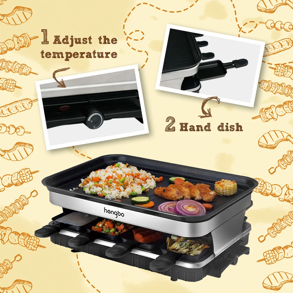 Raclette Grill 8 People Grill Plate Non-stick Coated, Raclette with 8 Mini Raclette Pans, Infinitely Adjustable Temperature, 150