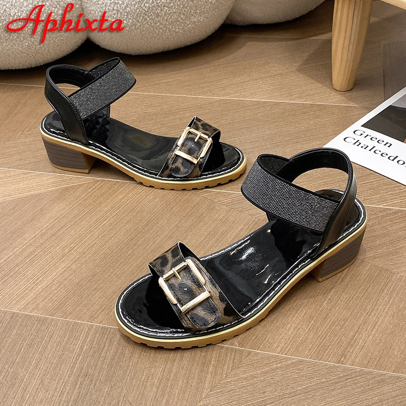 Aphixta 5cm Square Heel Summer Leopard Peep Toe Sandals Buckle Bling White Leather Open Shoes Elastic Band Plus Size 43
