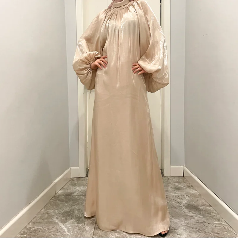 Muslim Abayat Large Lantern Sleeve Bright Silk Long Dress with Back Tie Robe Femme Musulman Solid Women's Dress Dubai Morocco