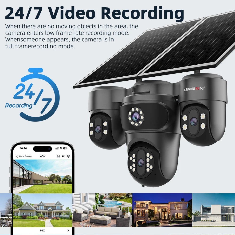 LS VISION 20MP Three PTZ Four Screens 4G AOV Solar Camera 12X Optical Zoom 24/7 Video Recording Auto Zoom Tracking CCTV Cameras 4