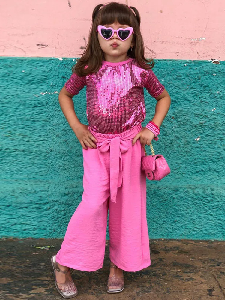 

1-8Y Toodler Baby Girls Set 2pcs Sequin Top+Wide Leg Pants Matching Sets Fashion Kids Clothes Small Moq Children Trousers Sets