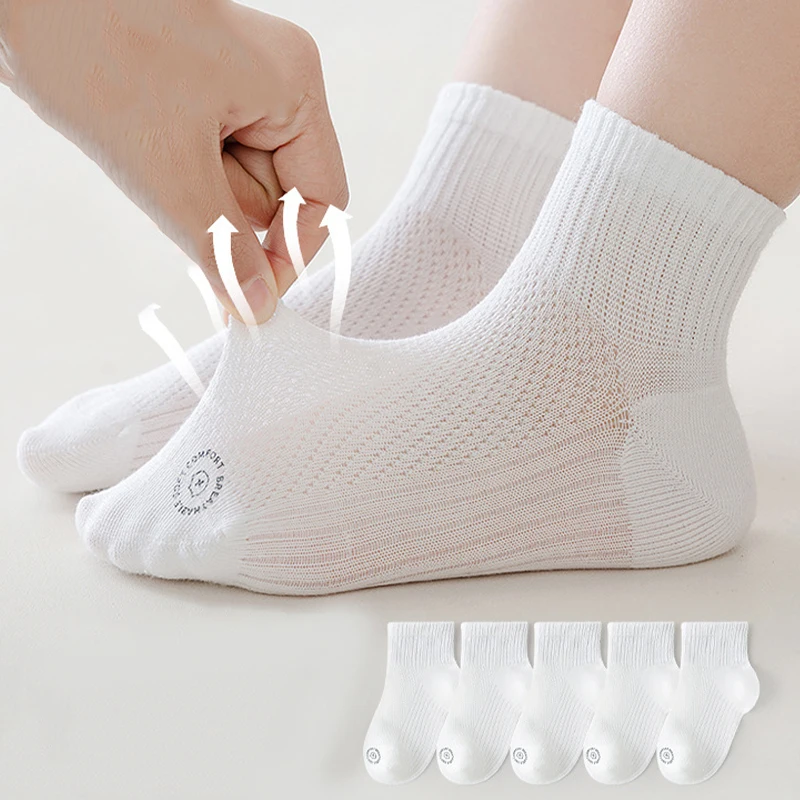 5 Pairs Children socks Summer Mesh Cycling White Sport Kids Socks Running Midtube Socks For Boys And Girls