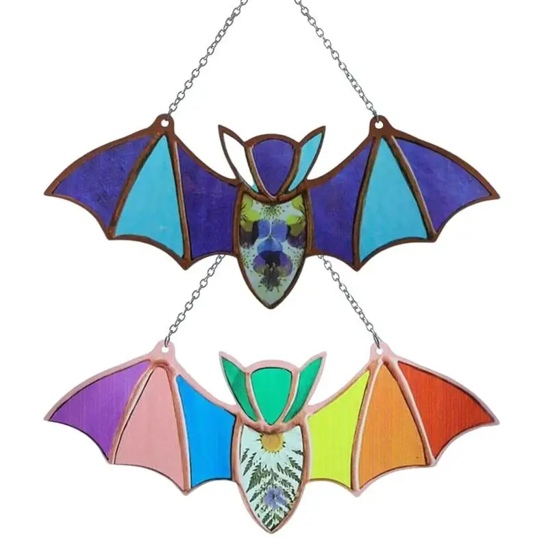 

Halloween Bat Pendant With Metal Chain Acrylic Window Bats Hanging Ornament Decorative Props Ghost Festival Party Decorations