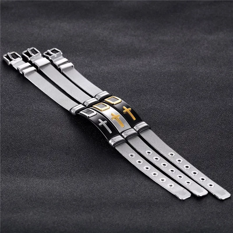 Bracelet Jewelry Length Adjustable Stainless Steel Strap Bracelets For Man Women Watch Band Style Punk Net Band Christian Cross Prayer Male