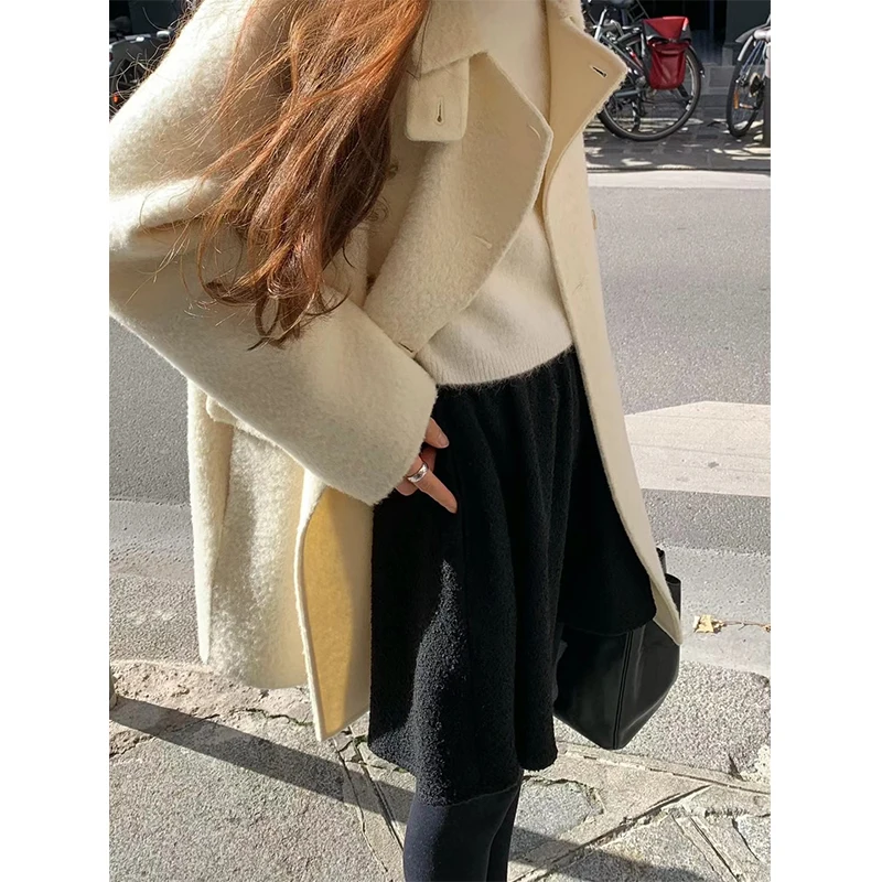  Korean Drama Lead Role Feel Double Breasted Woolen Coat Women's Long Sve Turn-down Collar Mid-length Commute Sle