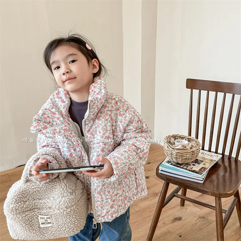 deer jonmi Winter Baby Girls Floral Printed Cotton-padded Coats Korean Style Thicken Warm Toddlers Kids Outerwear