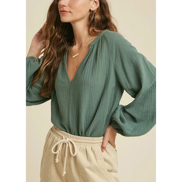 Camicia Donna In Cotone 100% - Manica Lunga, Scollo A V, Loose Con Due Tasche, Mussola - Foto 13