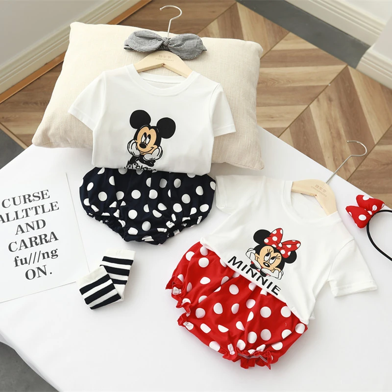 Disney Baby Short Sleeve Suit Mickey Minnie Print Baby Girl T-shirt Polka Dot Shorts Suit Summer Top Kids Bloomers Clothes Set baby clothes in sets	