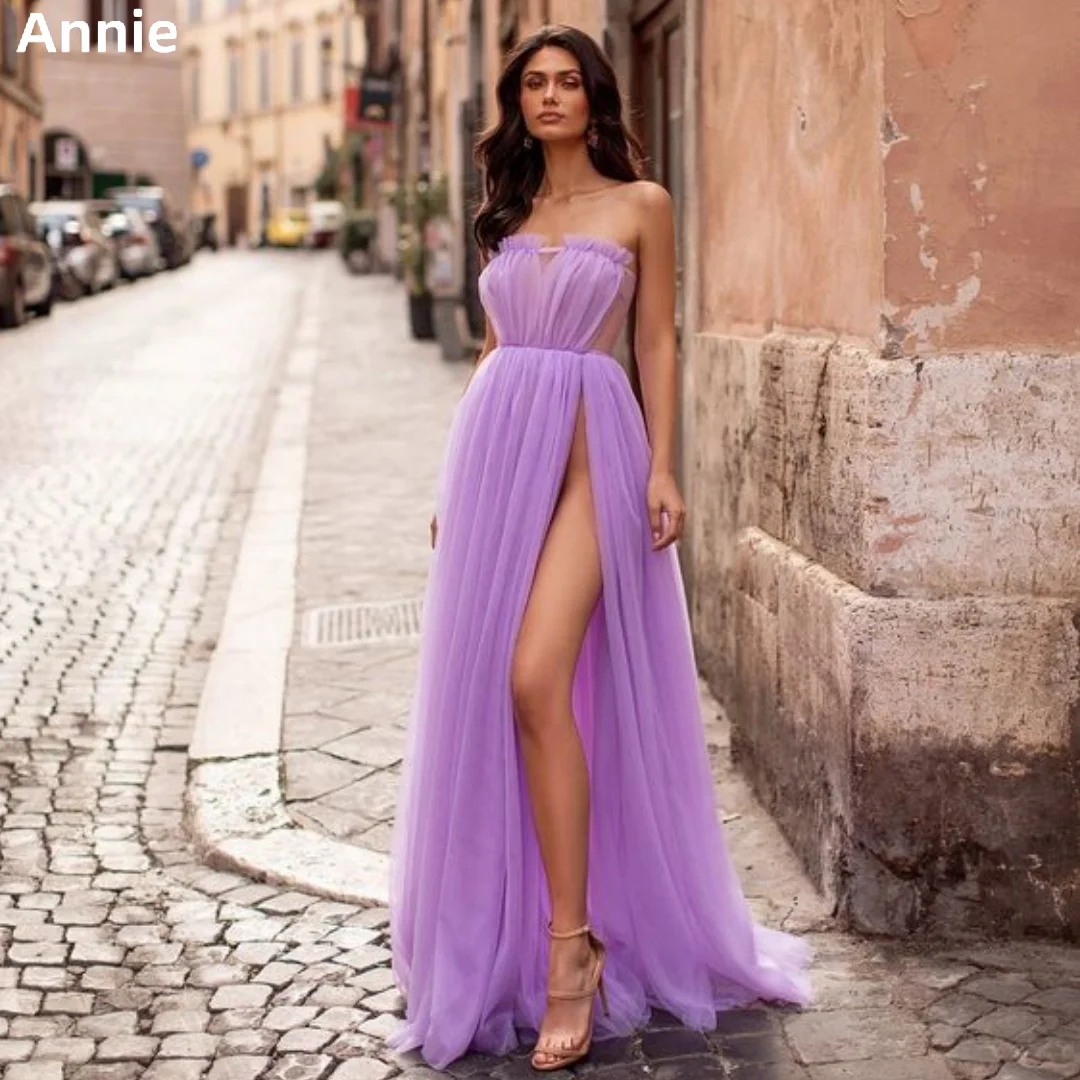 

Annie Lavender Evening Dress A-line Bandeau Organza Prom Dressess Sexy High Slit Long Skirt Vestidos De Noche