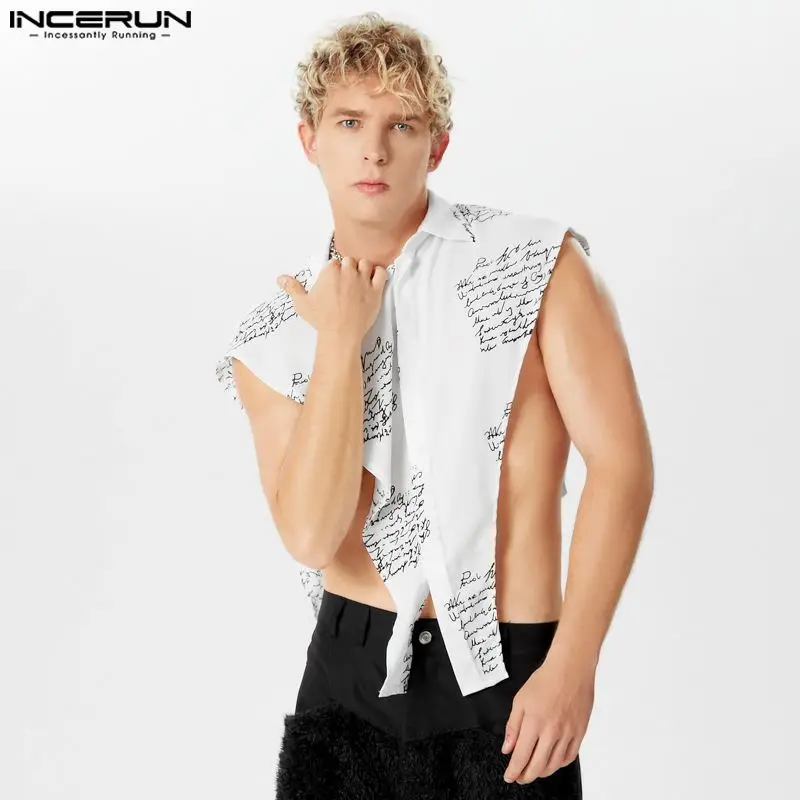 

Fashion Sexy Style Tops INCERUN New Men's English Printed Shirt Party Nightclub Hot Selling Hollow Sleeveless Lapel Blouse S-5XL