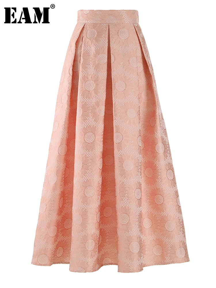 

[EAM] High Waist Pink Color Jacquard Long Pleated A-line Vintage Half-body Skirt Women Fashion New Spring Autumn 2023 1DF7282
