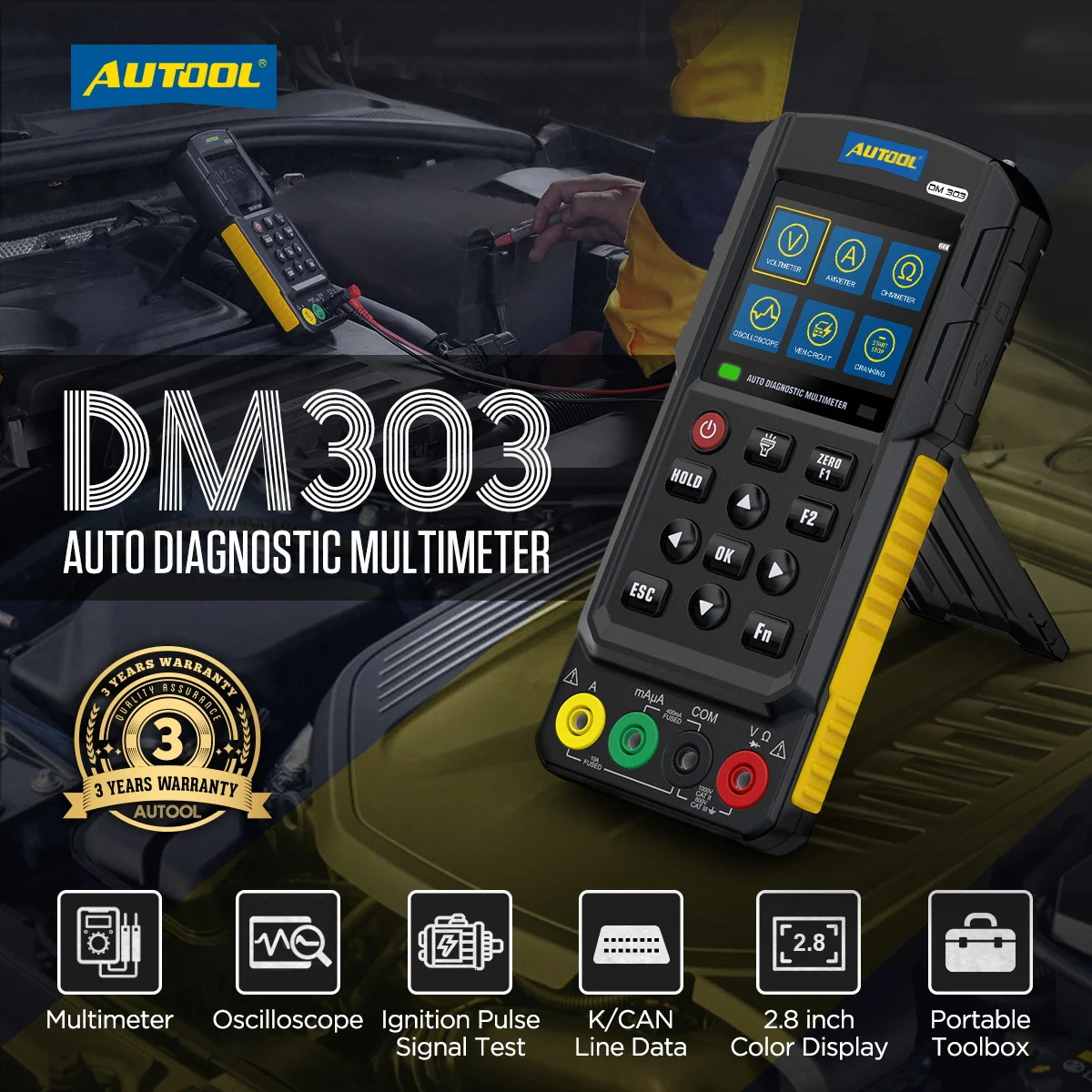 AUTOOL DM303 Multimetro diagnostico per auto Analizzatore motore Oscilloscopio di tensione Test di resistenza diodi Ohmmetro Tester di circuito automatico - immagine 2