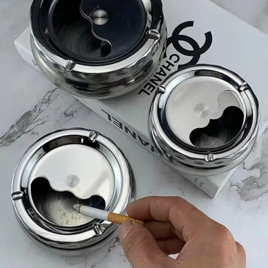 European stainless steel ashtray with cover home automatic extinguishing living room bedroom round smoke cup large anti-fall