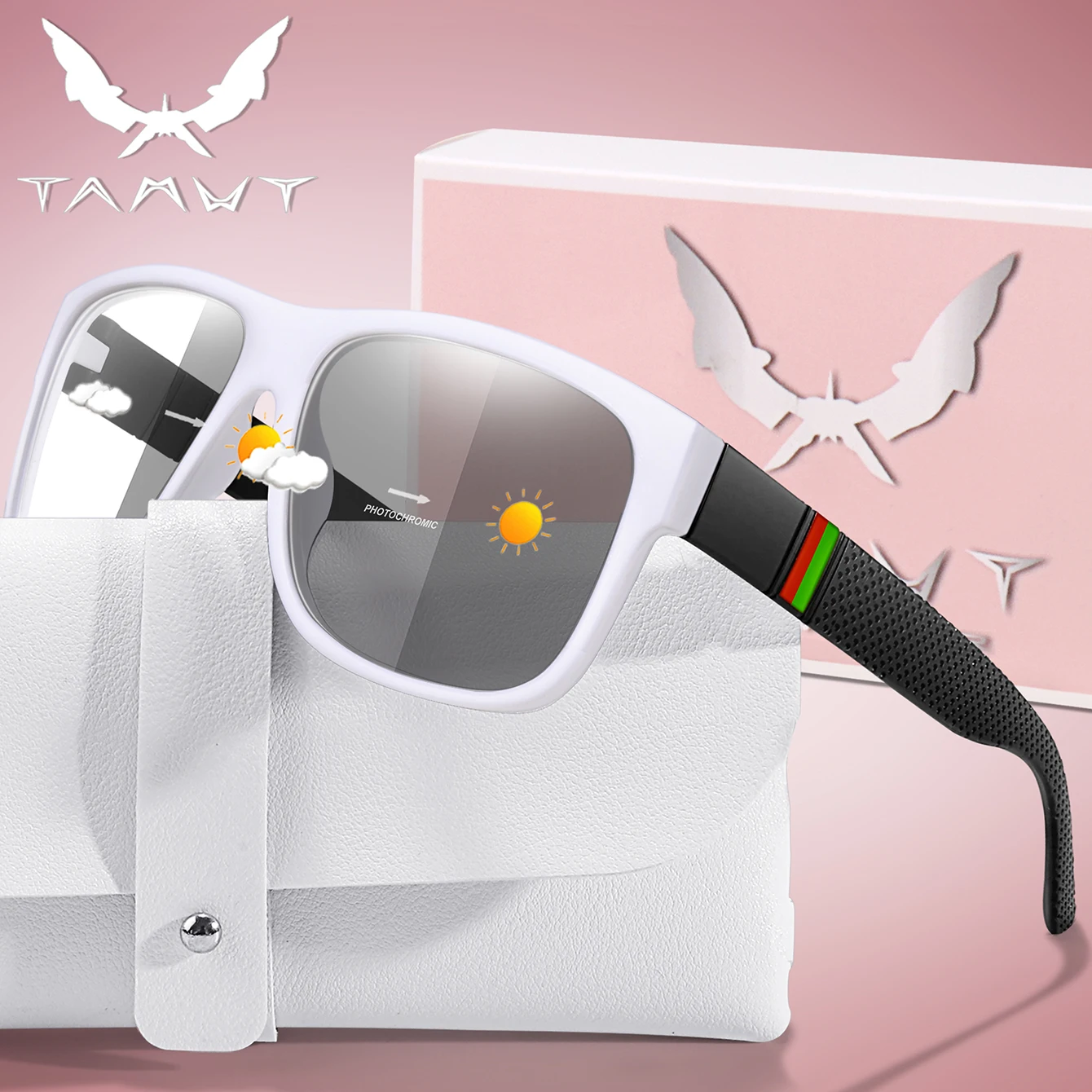 Classic Square Photochromic Cycling Sunglasses for Men Women with Case
