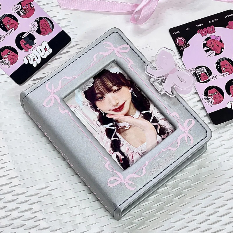 Silver PU leather photocard holder book ribbon star chasing card storage album with 20pages