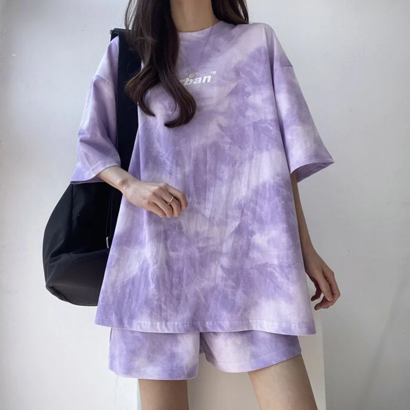 

Two Piece Shorts Sets Loose Casual 2pcs Short Sleeve T-Shirt Shorts Suits 2024 Tracksuits Women Sportswear Cotton Tie Dye O-Neck