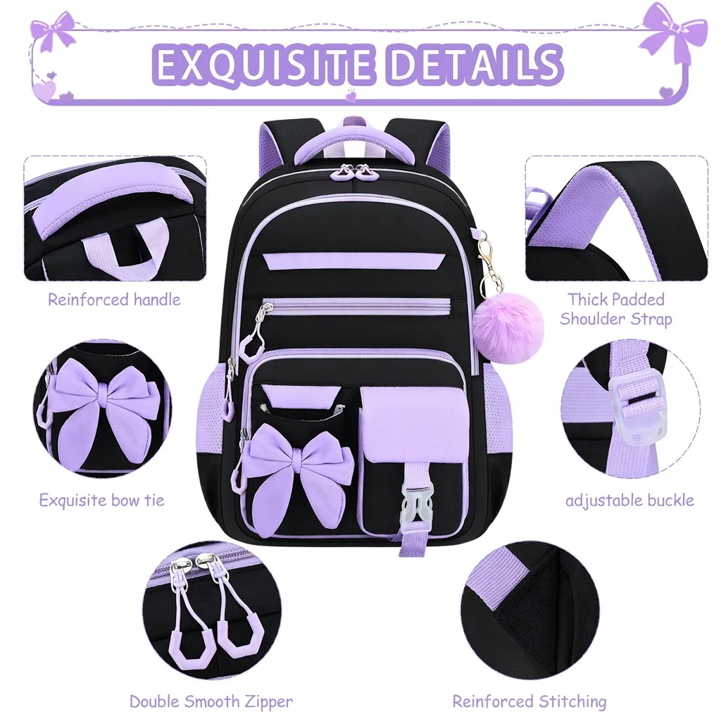 Girls School Backpack Spine Bow School Bag Set Spine Backpack Colorful Color Block Backpack For School Daily Campus Use 2