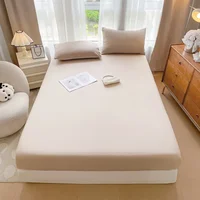 Beige Fitted Bed Sheets Washed Cotton Ultra Soft Slightly Wrinkled Linen Feel Breathable Deep Pocket Solid Mattress Protector 2