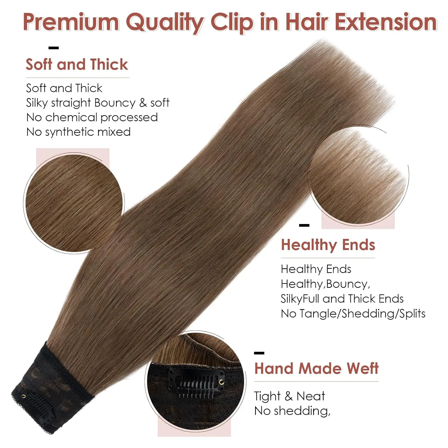 Clip in Hair Extensions One Piece 5 Clips 120g Soft Silky Straight Hair #6 Light Brown 3/4 Full Head Shaped Weft Thicker